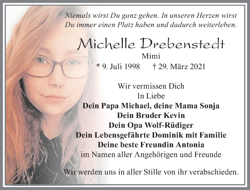  Traueranzeige für Michelle Drebenstedt vom 01.04.2021 aus Allgäuer Zeitung, Füssen