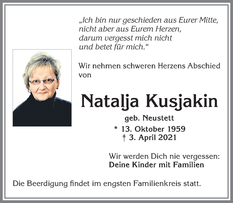  Traueranzeige für Natalja Kusjakin vom 08.04.2021 aus Allgäuer Zeitung, Kaufbeuren/Buchloe