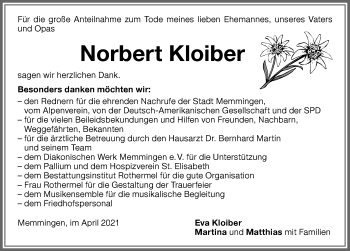 Traueranzeige von Norbert Kloiber von Memminger Zeitung