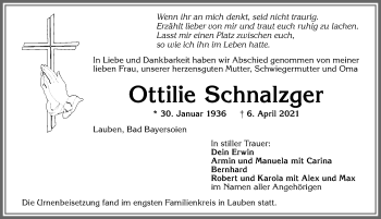 Traueranzeige von Ottilie Schnalzger von Allgäuer Zeitung,Kempten