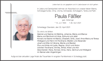 Traueranzeige von Paula Fäßler von Der Westallgäuer
