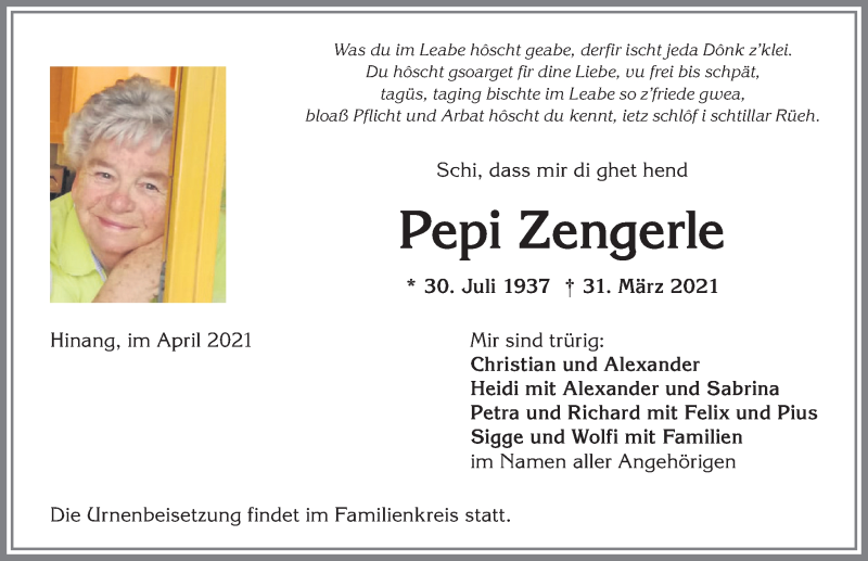  Traueranzeige für Pepi Zengerle vom 03.04.2021 aus Allgäuer Anzeigeblatt
