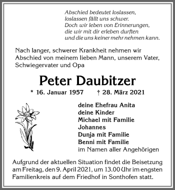 Traueranzeige von Peter Daubitzer von Allgäuer Anzeigeblatt