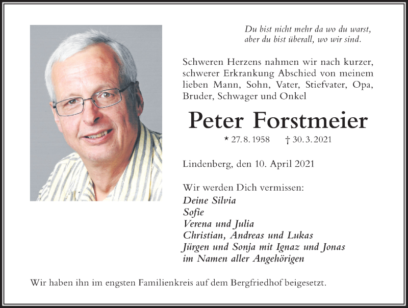  Traueranzeige für Peter Forstmeier vom 10.04.2021 aus Der Westallgäuer