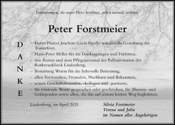 Traueranzeige von Peter Forstmeier von Der Westallgäuer