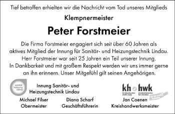 Traueranzeige von Peter Forstmeier von Der Westallgäuer