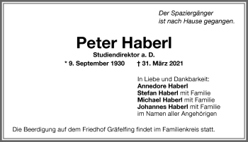 Traueranzeige von Peter Haberl von Memminger Zeitung