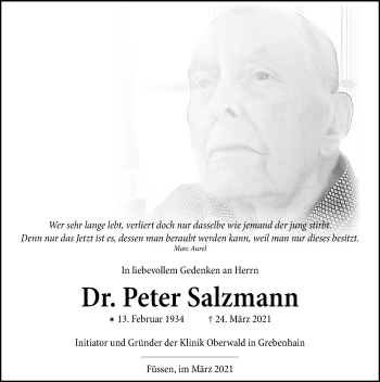 Traueranzeige von Peter Salzmann von Allgäuer Zeitung, Füssen