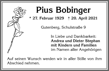Traueranzeige von Pius Bobfinger von Allgäuer Zeitung, Kaufbeuren/Buchloe
