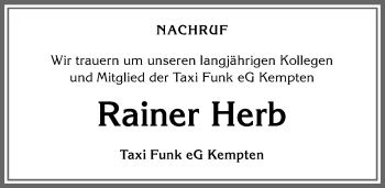 Traueranzeige von Rainer Herb von Allgäuer Zeitung,Kempten