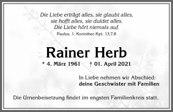 Traueranzeige von Rainer Herb von Allgäuer Zeitung,Kempten