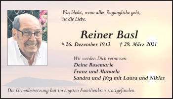 Traueranzeige von Reiner Basl von Allgäuer Zeitung, Kaufbeuren/Buchloe
