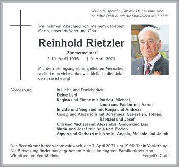 Traueranzeige von Reinhold Rietzler von Allgäuer Zeitung