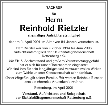 Traueranzeige von Reinhold Rietzler von Allgäuer Anzeigeblatt