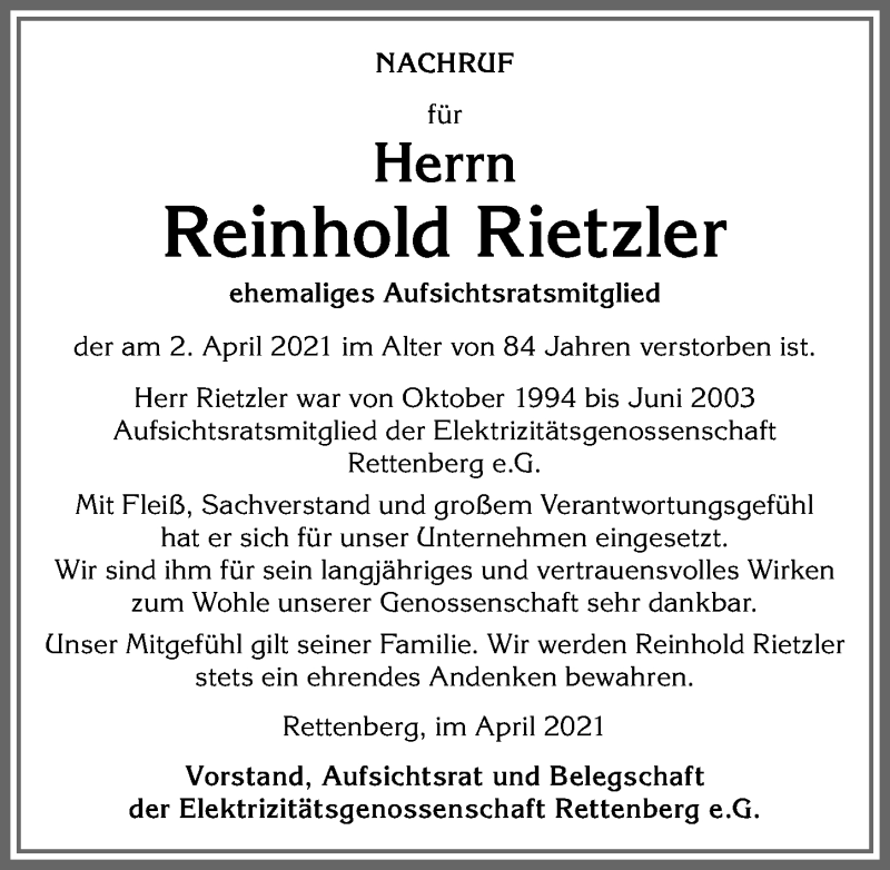  Traueranzeige für Reinhold Rietzler vom 09.04.2021 aus Allgäuer Anzeigeblatt