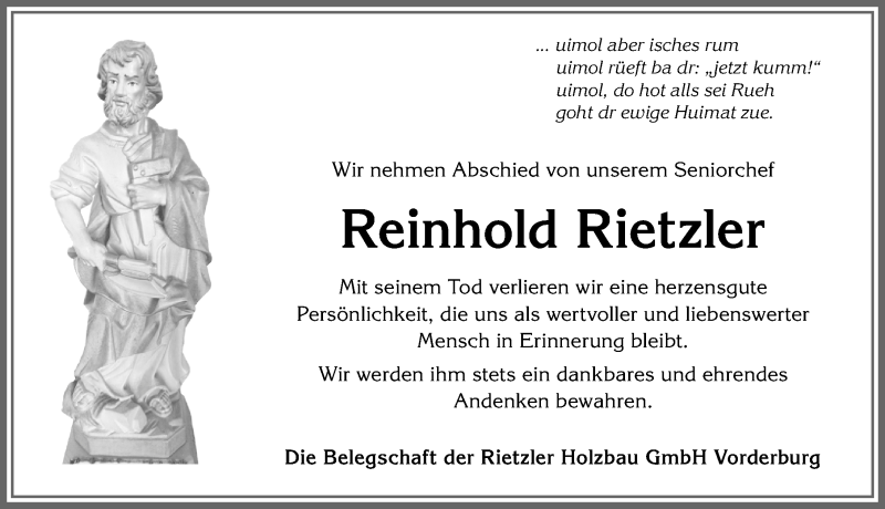  Traueranzeige für Reinhold Rietzler vom 08.04.2021 aus Allgäuer Anzeigeblatt