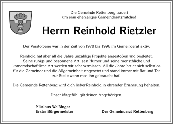 Traueranzeige von Reinhold Rietzler von Allgäuer Anzeigeblatt
