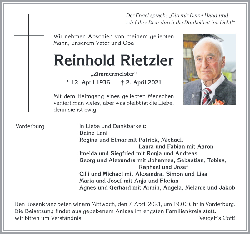  Traueranzeige für Reinhold Rietzler vom 07.04.2021 aus Allgäuer Zeitung