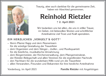Traueranzeige von Reinhold Rietzler von Allgäuer Anzeigeblatt
