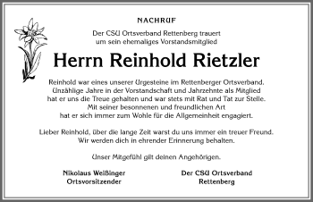 Traueranzeige von Reinhold Rietzler von Allgäuer Anzeigeblatt