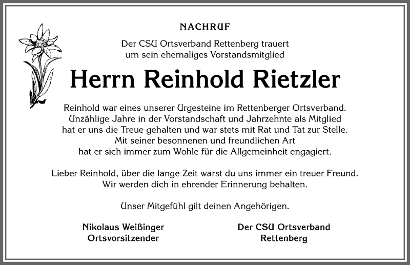  Traueranzeige für Reinhold Rietzler vom 08.04.2021 aus Allgäuer Anzeigeblatt