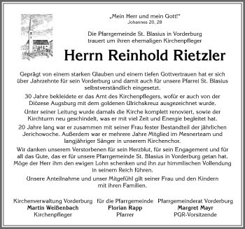 Traueranzeige von Reinhold Rietzler von Allgäuer Anzeigeblatt
