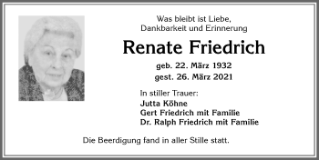 Traueranzeige von Renate Friedrich von Allgäuer Zeitung, Kaufbeuren/Buchloe