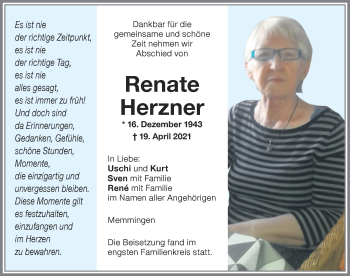 Traueranzeige von Renate Herzner von Memminger Zeitung