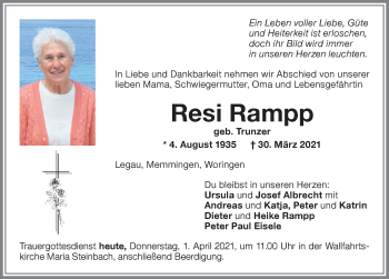 Traueranzeige von Resi Rampp von Allgäuer Zeitung
