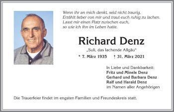 Traueranzeige von Richard Denz von Allgäuer Zeitung,Kempten