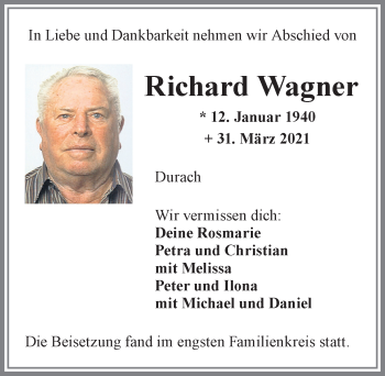 Traueranzeige von Richard Wagner von Allgäuer Zeitung,Kempten