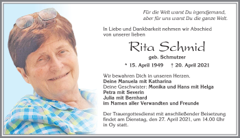 Traueranzeige von Rita Schmid von Allgäuer Zeitung,Kempten