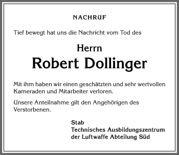 Traueranzeige von Robert Dollinger von Allgäuer Zeitung, Kaufbeuren/Buchloe