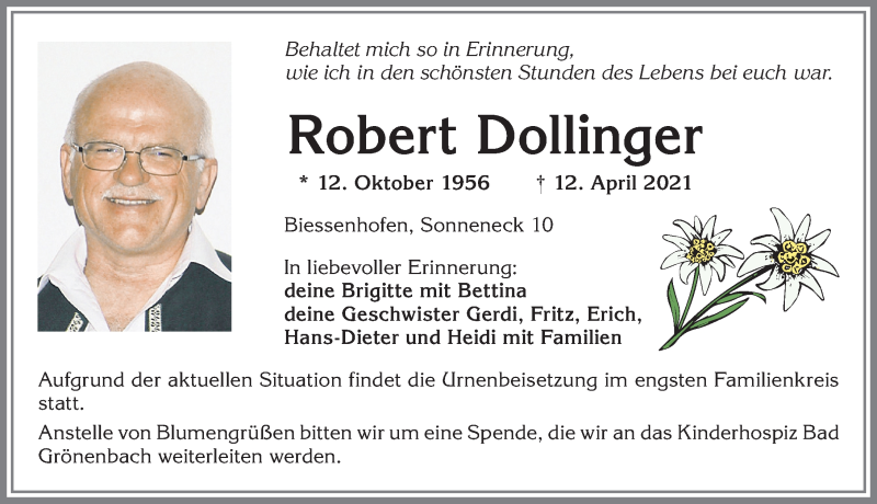  Traueranzeige für Robert Dollinger vom 17.04.2021 aus Allgäuer Zeitung, Kaufbeuren/Buchloe