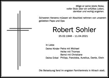 Traueranzeige von Robert Sohler von Memminger Zeitung