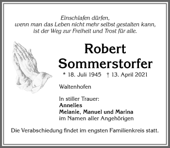 Traueranzeige von Robert Sommerstorfer von Allgäuer Zeitung,Kempten