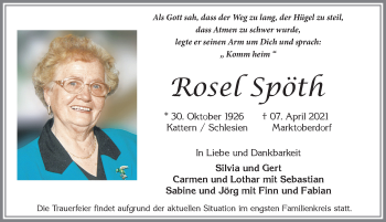 Traueranzeige von Rosel Spöth von Allgäuer Zeitung, Marktoberdorf
