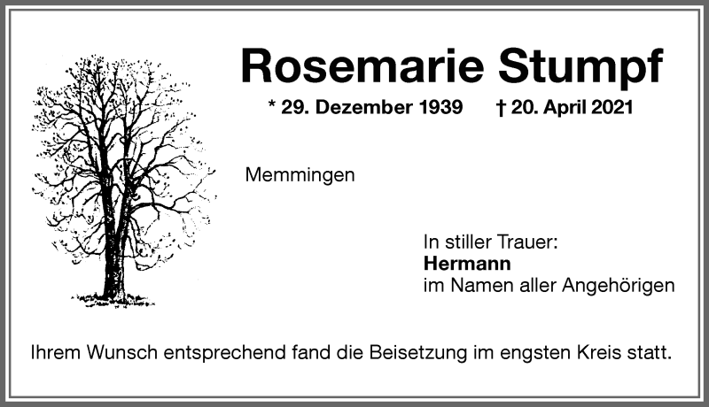  Traueranzeige für Rosemarie Stumpf vom 30.04.2021 aus Memminger Zeitung
