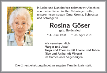 Traueranzeige von Rosina Göser von Allgäuer Zeitung,Kempten