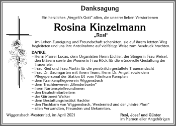 Traueranzeige von Rosina Kinzelmann von Allgäuer Zeitung,Kempten