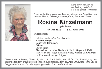 Traueranzeige von Rosina Kinzelmann von Allgäuer Zeitung,Kempten