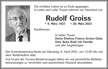 Traueranzeige von Rudolf Groiss von Allgäuer Zeitung, Kaufbeuren/Buchloe