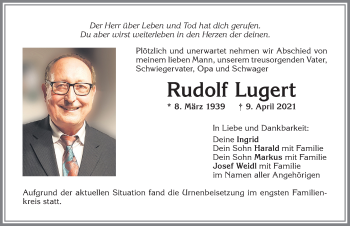 Traueranzeige von Rudolf Lugert von Allgäuer Zeitung, Kaufbeuren/Buchloe