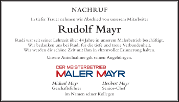 Traueranzeige von Rudolf Mayr von Der Westallgäuer