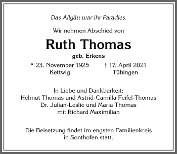Traueranzeige von Ruth Thomas von Allgäuer Anzeigeblatt