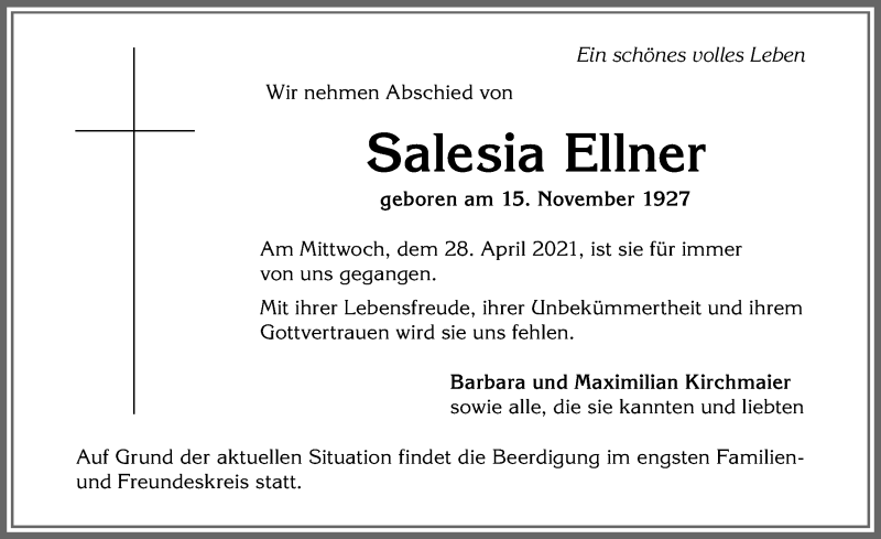  Traueranzeige für Salesia Ellner vom 30.04.2021 aus Allgäuer Zeitung,Kempten