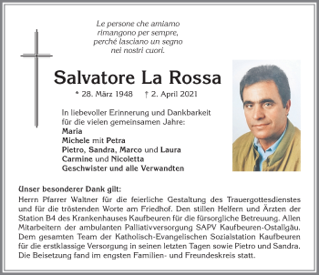 Traueranzeige von Salvatore La Rossa von Allgäuer Zeitung, Kaufbeuren/Buchloe