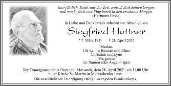 Traueranzeige von Siegfried Huttner von Allgäuer Zeitung, Marktoberdorf