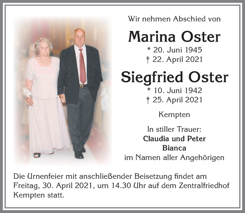  Traueranzeige für Siegfried Oster vom 28.04.2021 aus Allgäuer Zeitung,Kempten