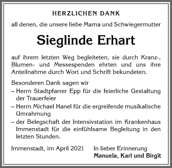 Traueranzeige von Sieglinde Erhart von Allgäuer Anzeigeblatt